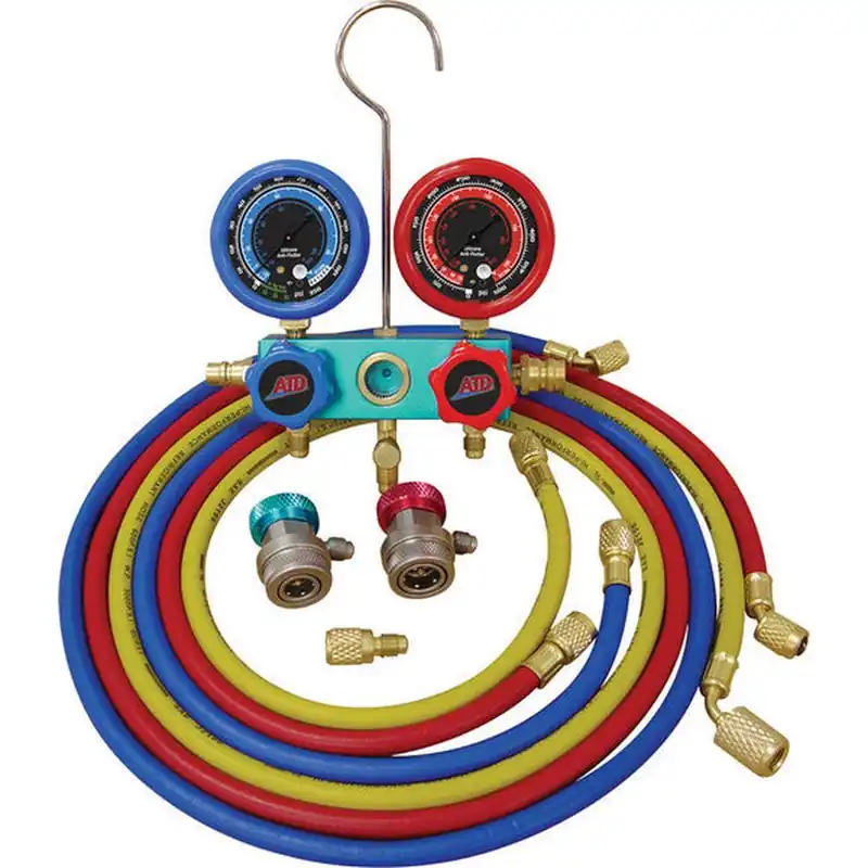 ATD Tools 3695 R12/R134A DELUXE DUAL ALUMINUM A/C MANIFOLD GAUGE SET, (3) 60" HOSES One Day Deal