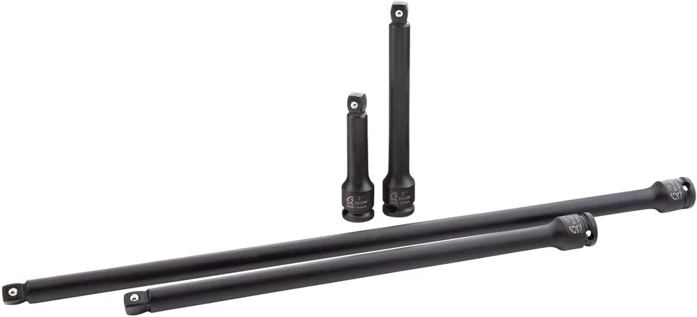 Sunex Tools 3504, 3/8in. Drive Impact Extension Set, 4 Pieces, SAE, 3in. to 15in., Cr-Mo Steel, Radius Corner Design, Wobble Drive, Steel Ball Retainer, Dual Size Markings, Storage Tray, Meets ANSI Standards Fan Favorite