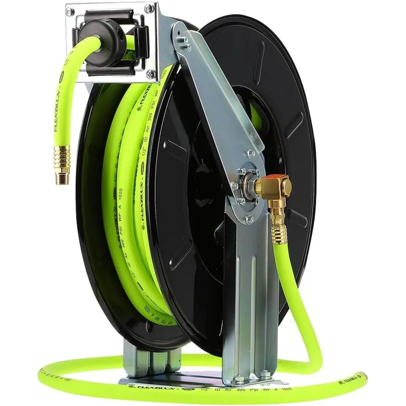 Flexzilla Retractable Open Face Dual Arm Air Hose Reel, 1/2 in. x 50 ft, Heavy Duty, Lightweight, Hybrid, ZillaGreen - L8741FZ Order Now