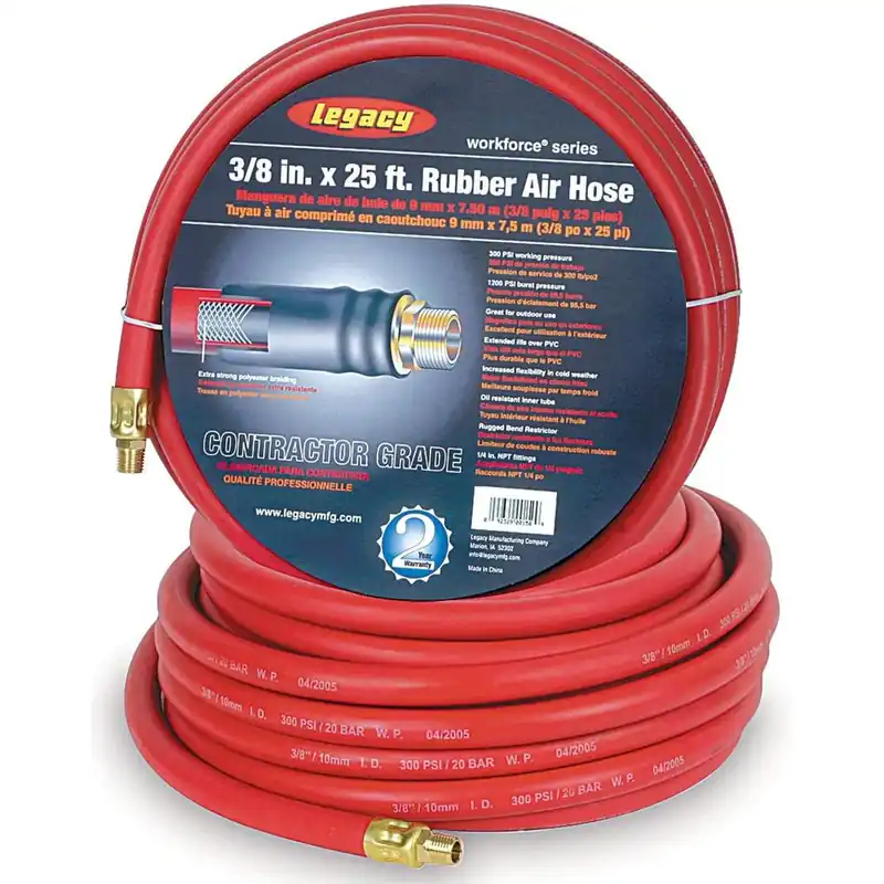 Direct From Factory Workforce Air Hose. 1/2" x 25'. 3/8" Fittings. Rubber